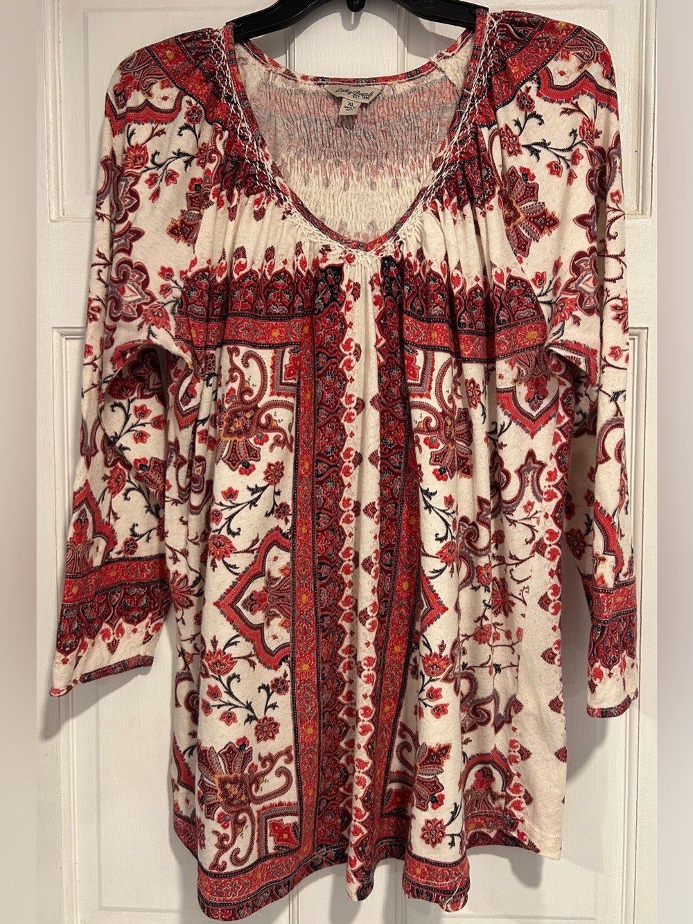 Lucky Brand Boho Red Paisley Embroidered Smocked Back Detail Blouse XL